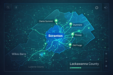 RAMWorks Digital team working with Scranton small business owner on digital strategy. Map of Lackawanna County highlighting service areas: Scranton, Wilkes-Barre, Dunmore, Clarks Summit, Throop, Old Forge