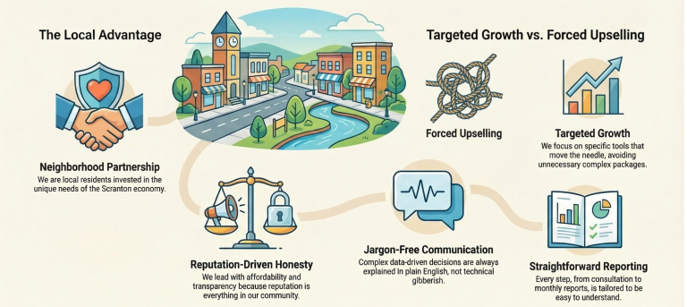 Infographic illustrating why Scranton small businesses trust RAMWorks Digital, featuring their "Small Business First" approach and commitment to jargon-free local partnerships.
